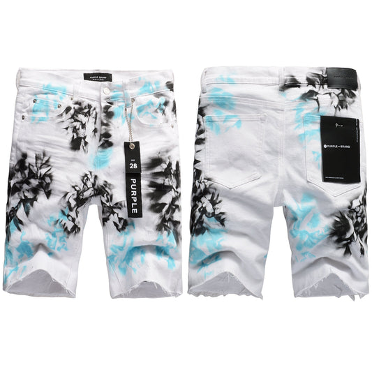 Men Streetwear Denim Shorts White Wash with Blue - Black Ink Floral Print and Raw Hem 5065