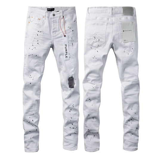 Men Streetwear Skinny Jeans White Wash with Black Paint Splatter and Distressed Rip 9021