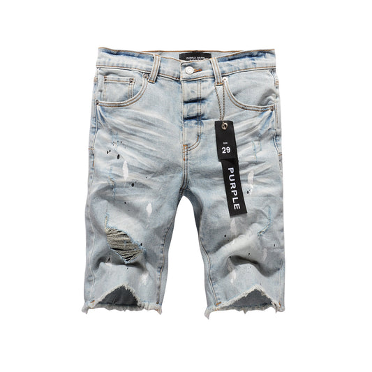 Men Streetwear Denim Shorts Light Blue Wash with White Paint Splatters and Distressed Raw Hem 5006