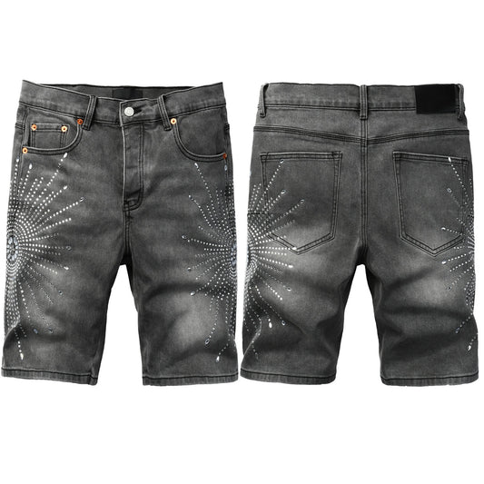 Men Streetwear Grey Denim Shorts with Radial Rhinestone Burst Patterns 5094