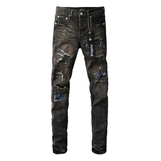 Men Streetwear Skinny Jeans Dark Gray Wash with Multi - Color Patched Distressed Details 9080