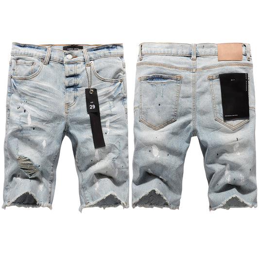 Men Streetwear Denim Shorts Light Blue Wash with White Paint Splatters and Distressed Raw Hem 5006