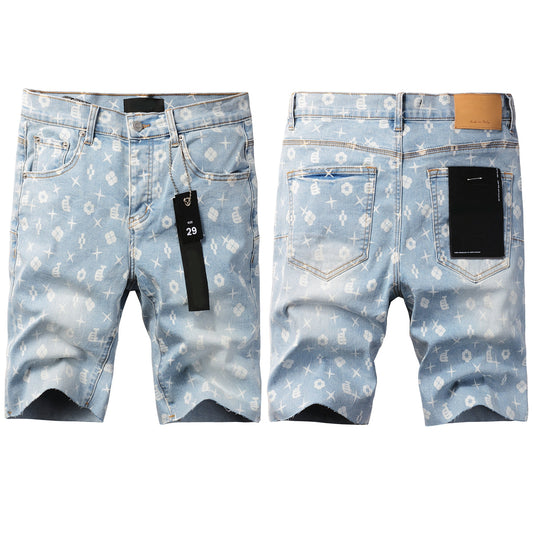 Men Streetwear Denim Shorts Light Blue Wash with White Geometric Print and Raw Hem 5089
