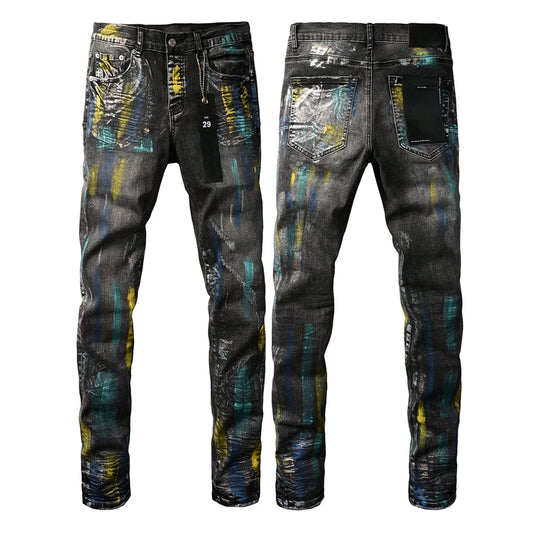 Men Streetwear Skinny Jeans Black Wash with Colorful Graffiti Paint Splash 9078