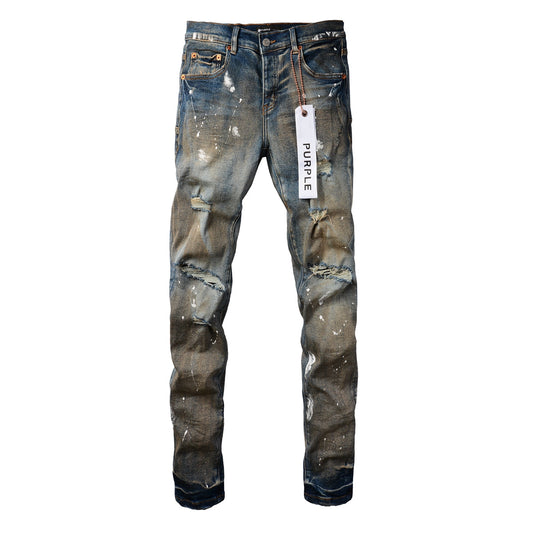 Men Streetwear Skinny Jeans Light Blue Wash with Distressed Rips and White Paint Splatter 9012