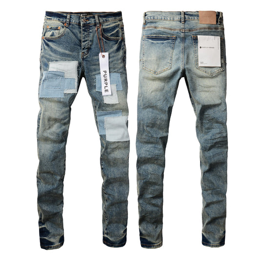 Men Streetwear Skinny Jeans Light Blue Wash with Patchwork Distressed Details 9015