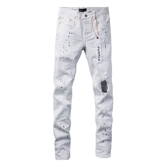 Men Streetwear Skinny Jeans White Wash with Black Paint Splatter and Distressed Rip 9021