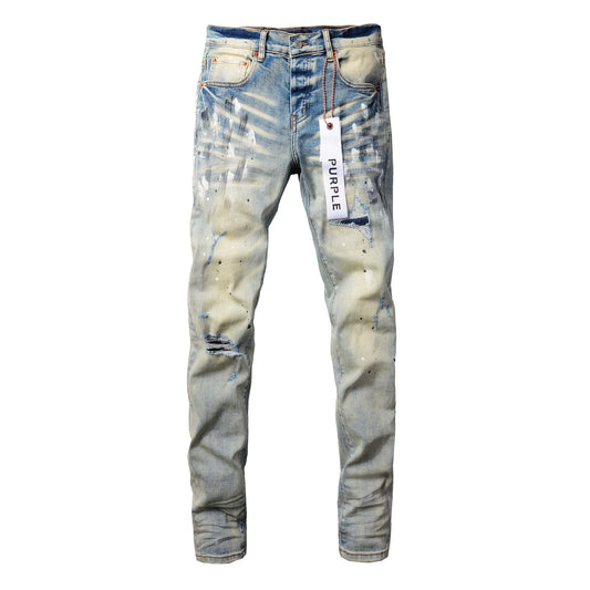 Men Streetwear Skinny Jeans Light Blue Wash with White Paint Splatter and Distressed Rips 9007