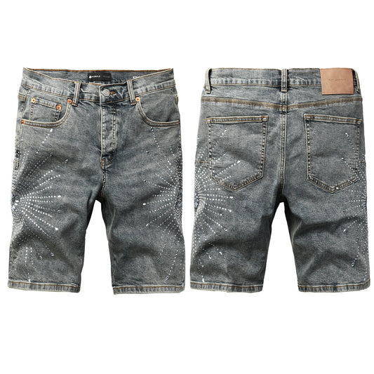 Men Streetwear Light Blue Denim Shorts with Radial White Rhinestone Designs 5093