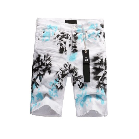 Men Streetwear Denim Shorts White Wash with Blue - Black Ink Floral Print and Raw Hem 5065