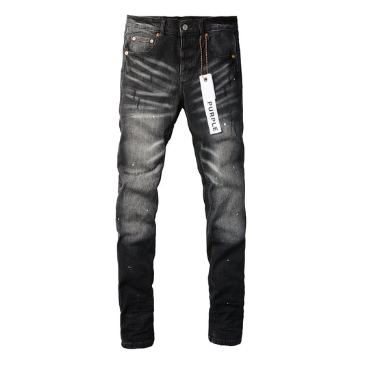 Men Streetwear Skinny Jeans Black - Gray Fade Wash with White Paint Specks 9027