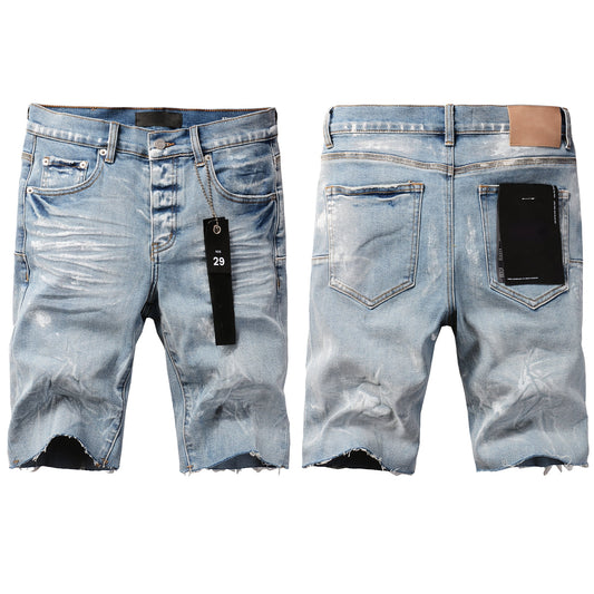Men Streetwear Light Blue Denim Shorts with Vintage Wash and Raw Hem Finish 5091