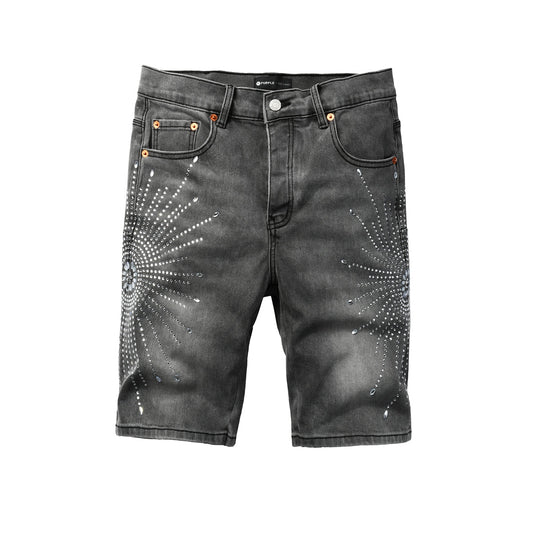 Men Streetwear Grey Denim Shorts with Radial Rhinestone Burst Patterns 5094