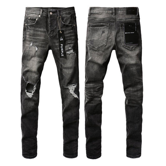 Men Streetwear Skinny Jeans Dark Gray Wash with Heavy Distressed Ripped Details 9079