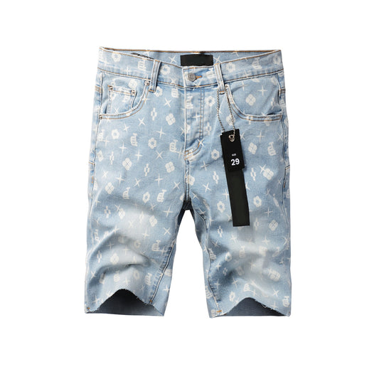 Men Streetwear Denim Shorts Light Blue Wash with White Geometric Print and Raw Hem 5089