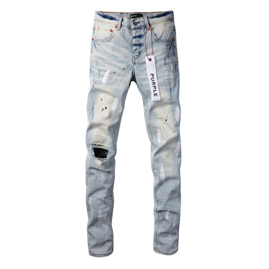 Men Streetwear Skinny Jeans Light Blue Wash with White Paint Splatter and Subtle Distress 9006