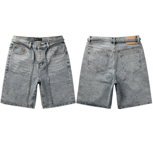 Men Streetwear Straight Denim Shorts Grey Wash with Rhinestone Speckles and Seam Accents 5096