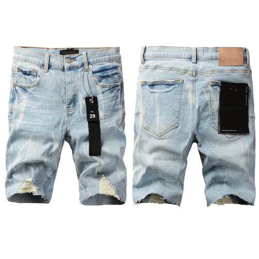 Men Streetwear Denim Shorts Light Blue Wash with White Distressed Patches and Raw Hem 5069