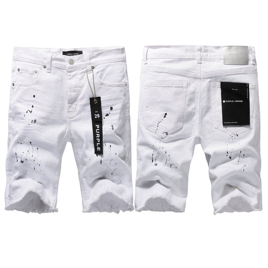 Men Streetwear Denim Shorts White Wash with Black Paint Splatter Print and Raw Hem 5021