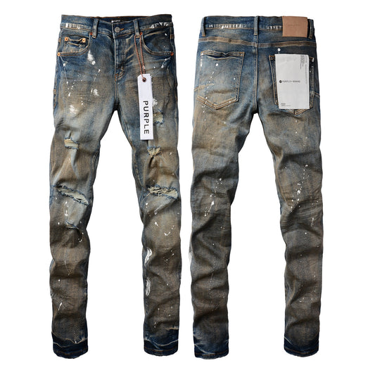 Men Streetwear Skinny Jeans Light Blue Wash with Distressed Rips and White Paint Splatter 9012