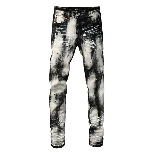 Men Streetwear Skinny Jeans Black and White Graffiti Wash with Multi Color Paint Splash 9111