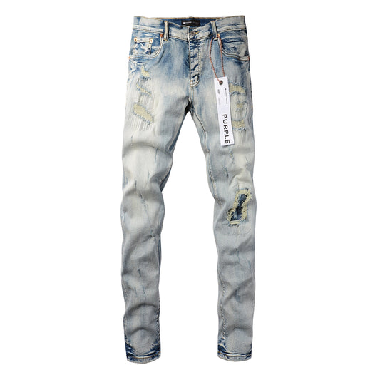 Men Streetwear Skinny Jeans Light Blue Wash with Heavy Distressed Rips 9050