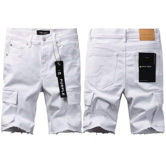 Men Streetwear White Cargo Denim Shorts with Multiple Pockets and Raw Hem 5082