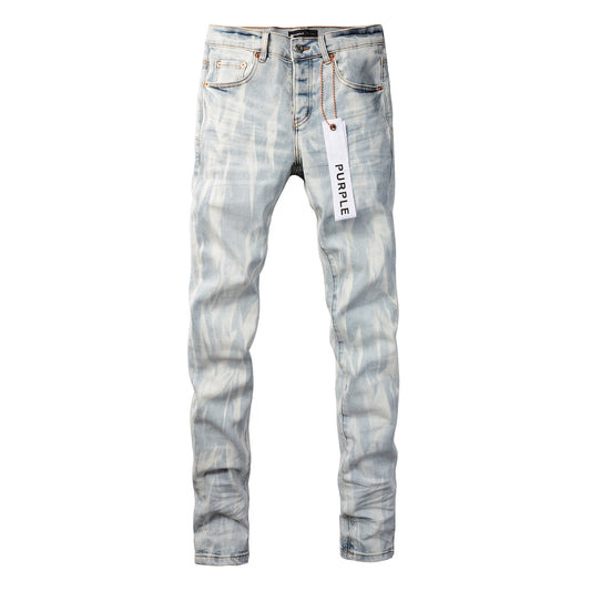 Men Streetwear Skinny Jeans Light Blue Wash with White Brushstroke Texture 7017