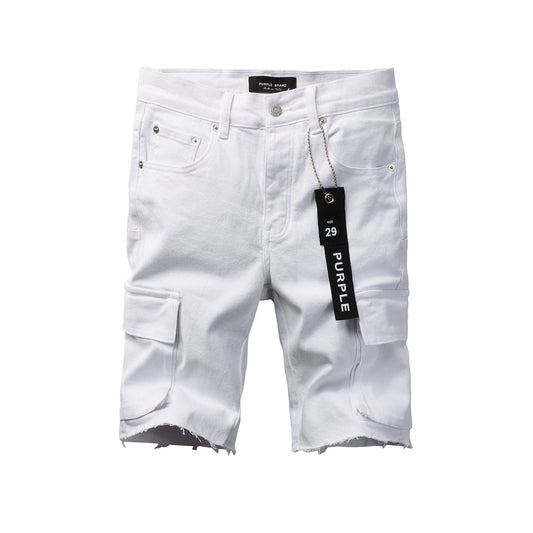Men Streetwear White Cargo Denim Shorts with Multiple Pockets and Raw Hem 5082