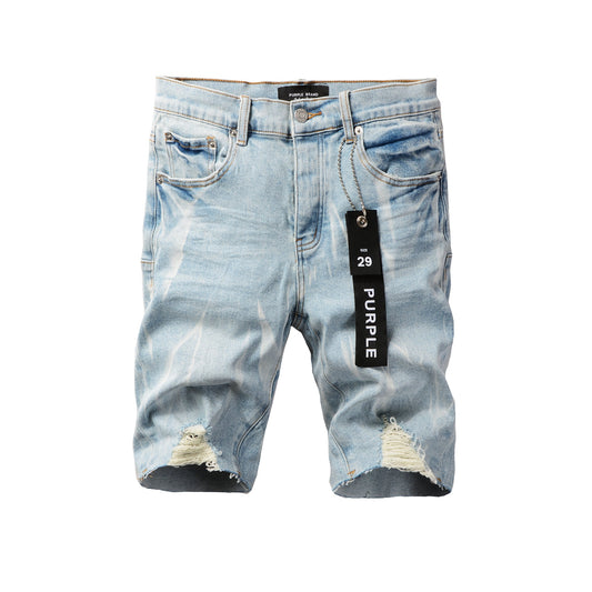 Men Streetwear Denim Shorts Light Blue Wash with White Distressed Patches and Raw Hem 5069