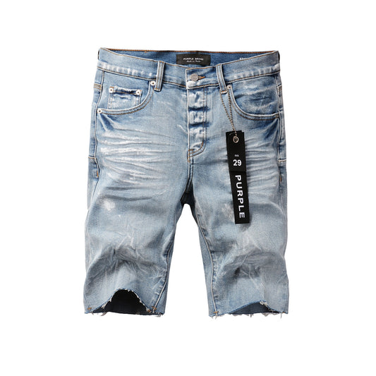 Men Streetwear Light Blue Denim Shorts with Vintage Wash and Raw Hem Finish 5091