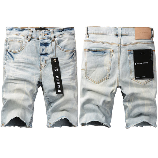 Men Streetwear Denim Shorts Light Blue Wash with Washed Distressed Raw Hem 5017