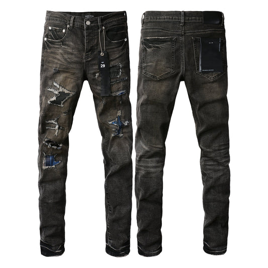 Men Streetwear Skinny Jeans Dark Gray Wash with Multi - Color Patched Distressed Details 9080