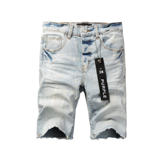 Men Streetwear Denim Shorts Light Blue Wash with Washed Distressed Raw Hem 5017