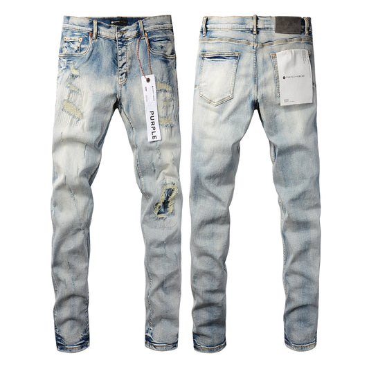 Men Streetwear Skinny Jeans Light Blue Wash with Heavy Distressed Rips 9050