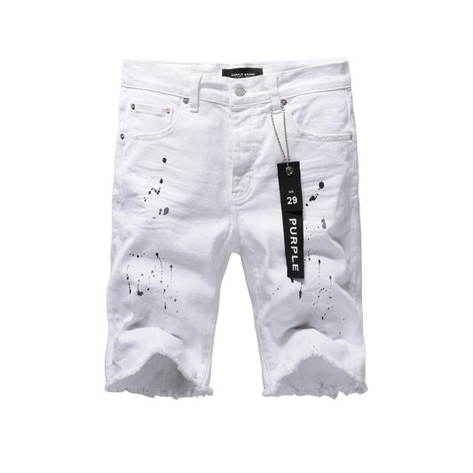 Men Streetwear Denim Shorts White Wash with Black Paint Splatter Print and Raw Hem 5021