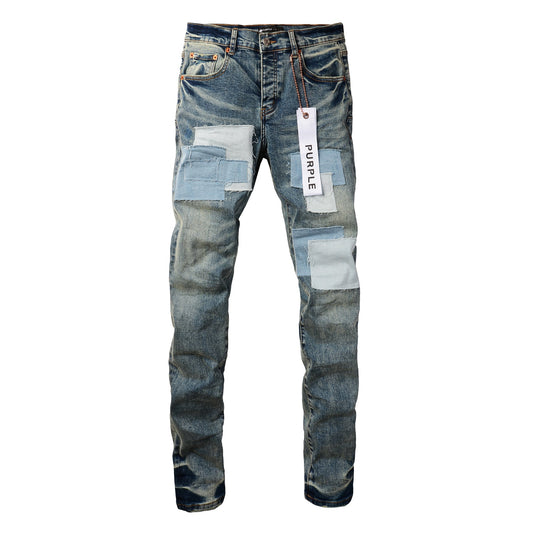 Men Streetwear Skinny Jeans Light Blue Wash with Patchwork Distressed Details 9015