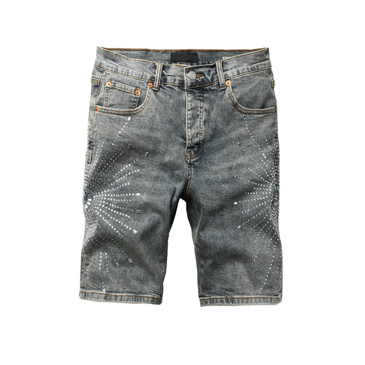 Men Streetwear Light Blue Denim Shorts with Radial White Rhinestone Designs 5093