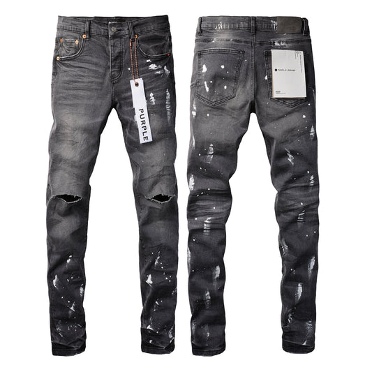 Men Streetwear Skinny Jeans Dark Gray Wash with Knee Rips and White Paint Splatter 9039
