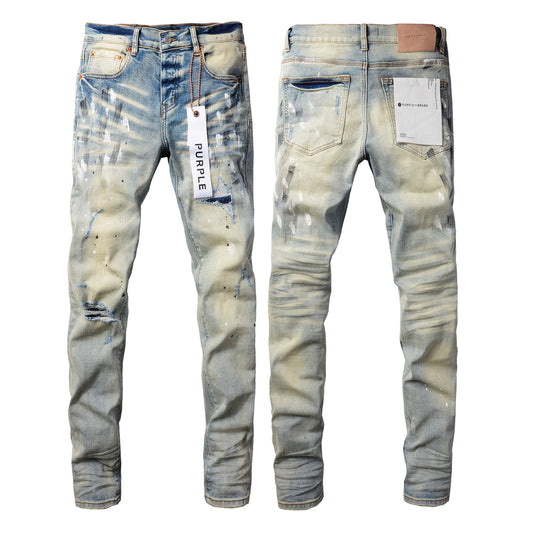 Men Streetwear Skinny Jeans Light Blue Wash with White Paint Splatter and Distressed Rips 9007