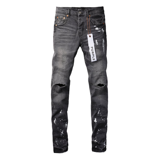 Men Streetwear Skinny Jeans Dark Gray Wash with Knee Rips and White Paint Splatter 9039