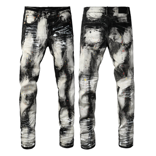 Men Streetwear Skinny Jeans Black and White Graffiti Wash with Multi Color Paint Splash 9111