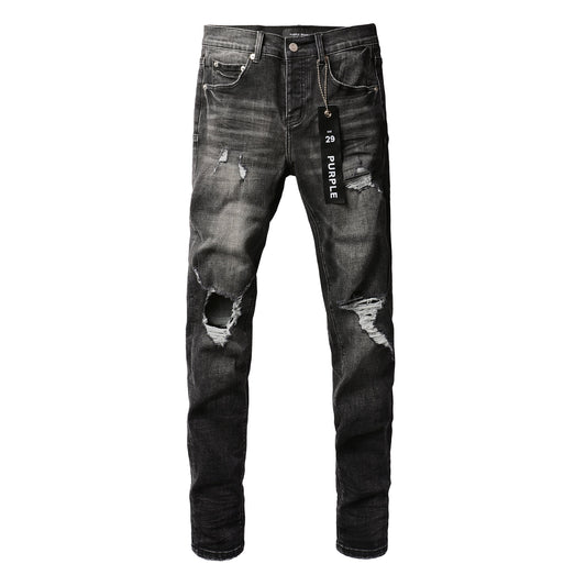 Men Streetwear Skinny Jeans Dark Gray Wash with Heavy Distressed Ripped Details 9079