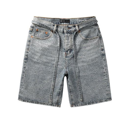 Men Streetwear Straight Denim Shorts Grey Wash with Rhinestone Speckles and Seam Accents 5096