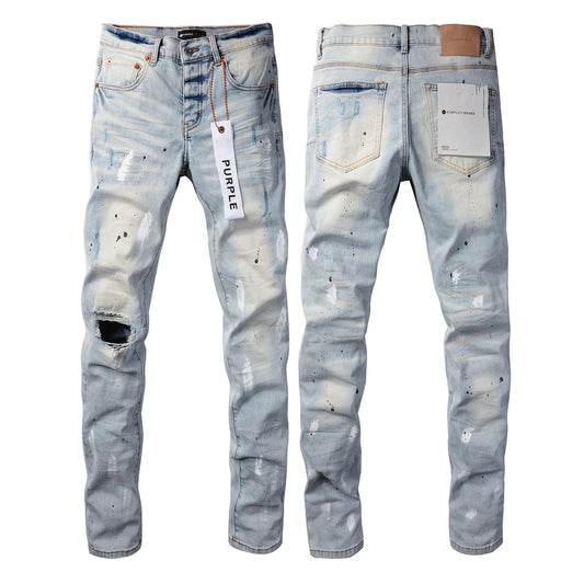 Men Streetwear Skinny Jeans Light Blue Wash with White Paint Splatter and Subtle Distress 9006