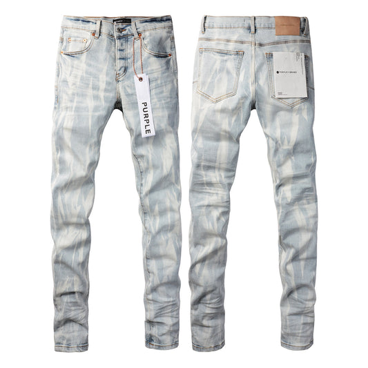 Men Streetwear Skinny Jeans Light Blue Wash with White Brushstroke Texture 7017