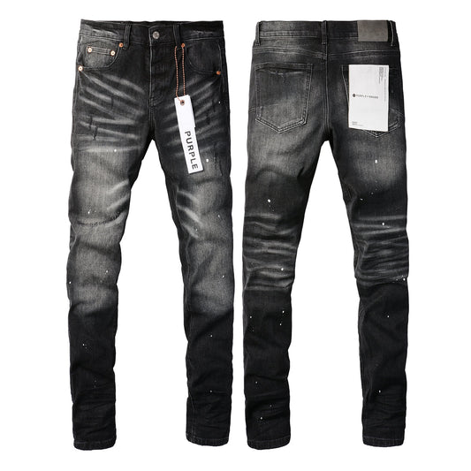 Men Streetwear Skinny Jeans Black - Gray Fade Wash with White Paint Specks 9027